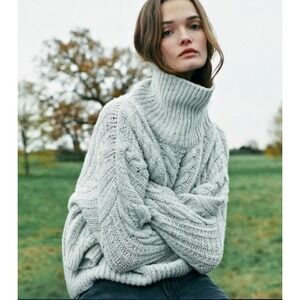 Massimo Dutti Chunky Cable Knit Turtleneck Sweater XS Gray Oversized Fisherman